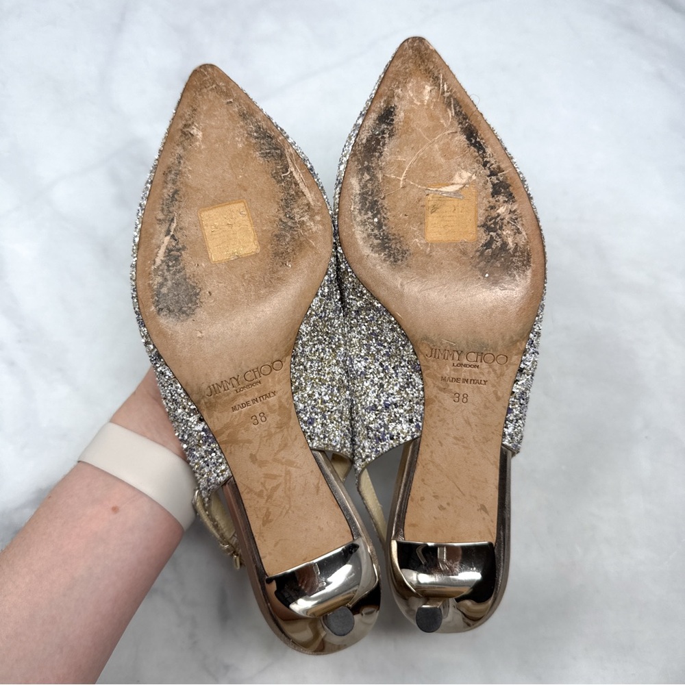 Jimmy Choo Erin 60 Platinum Glitter Pointed Toe Slingback Kitten Heel Pumps 38 - Picture 11 of 16